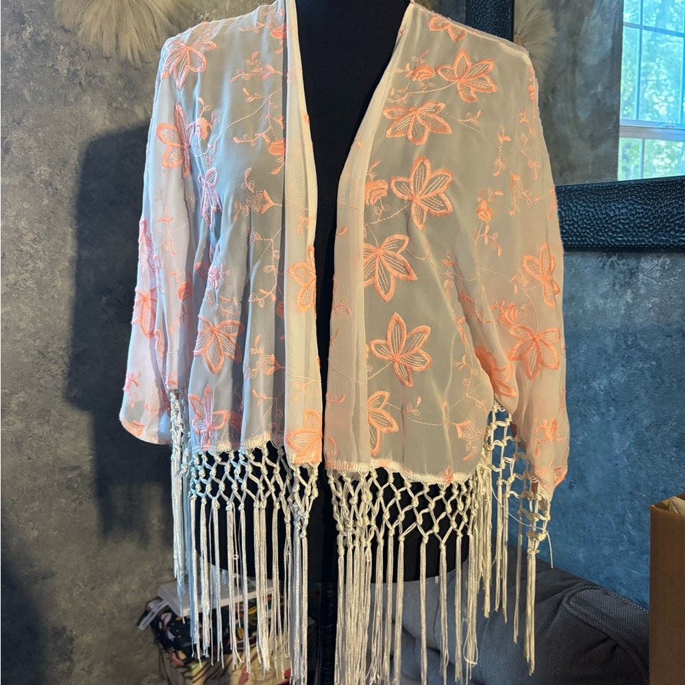 Gianni Bini Floral Embroidered Fringe Kimono - White and Orange